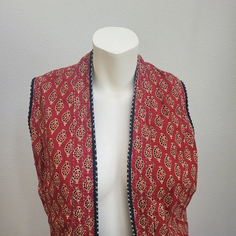 Orvis Long Vest Duster Red Paisley Hippie Boho  Medium Embroidery